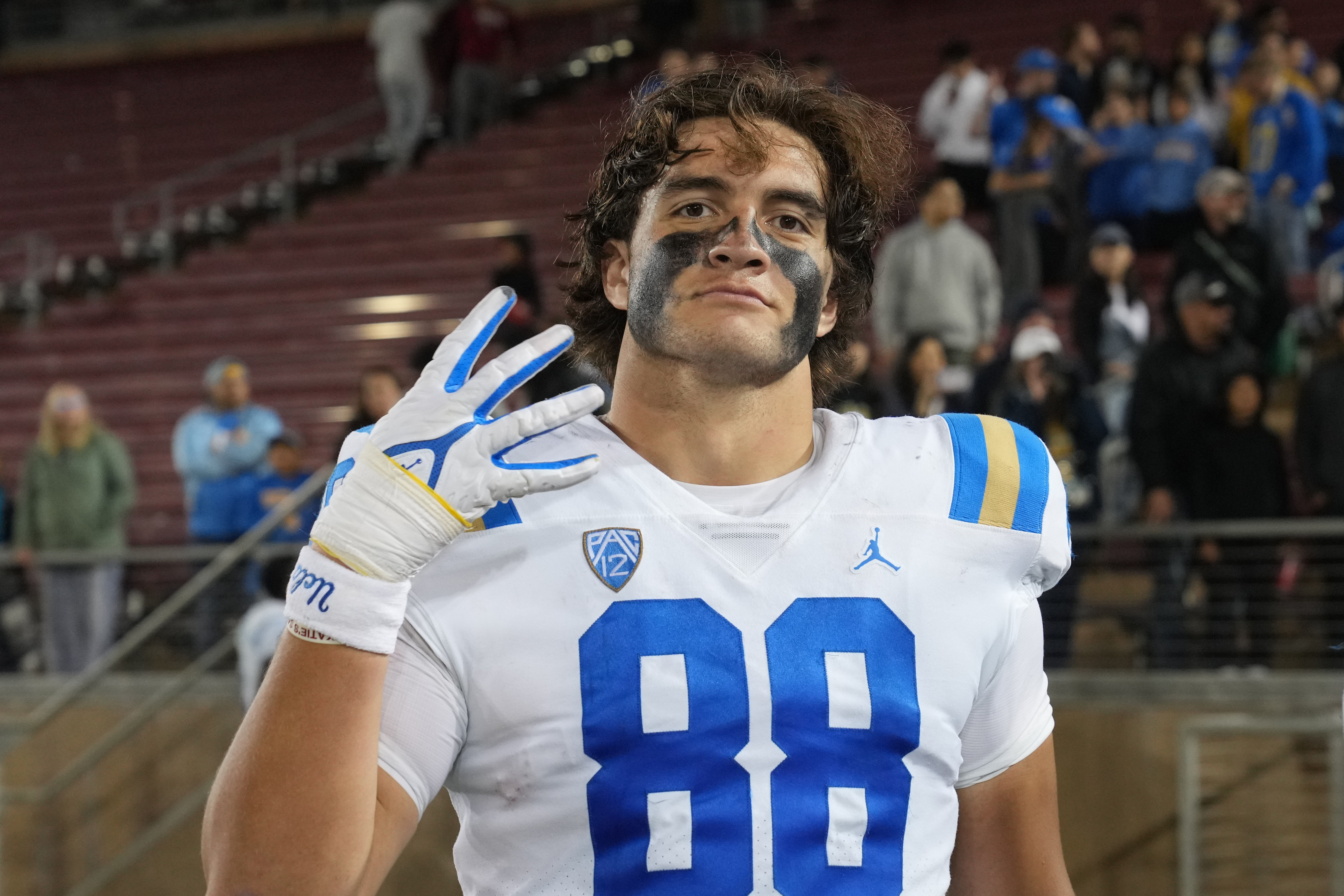 Oct 21, 2023; Stanford, California, USA; UCLA Bruins tight end Moliki Matavao (88) gestures after defeating the Stanford Cardinal at Stanford Stadium. 