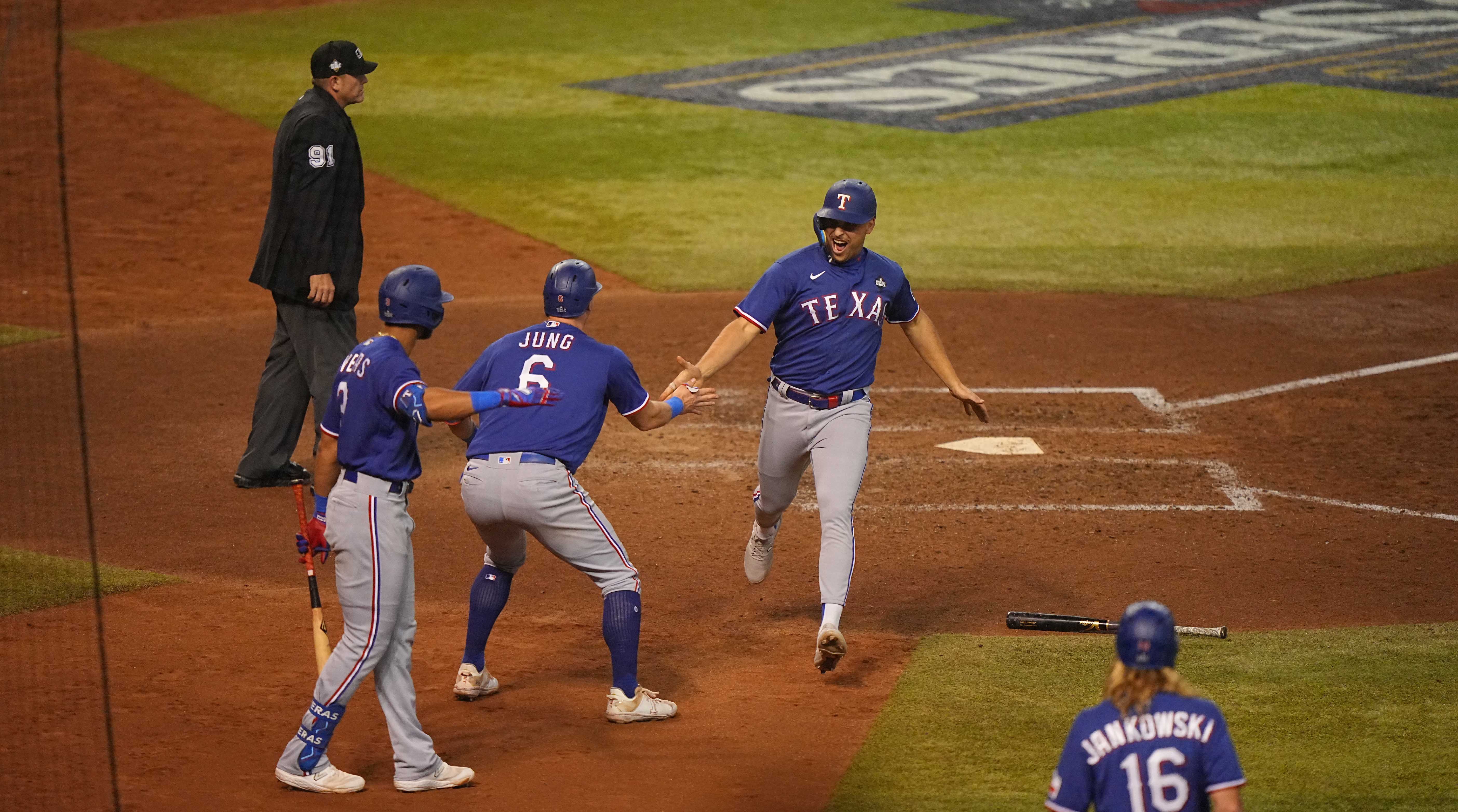 The Rangers scoring in the ninth inning.