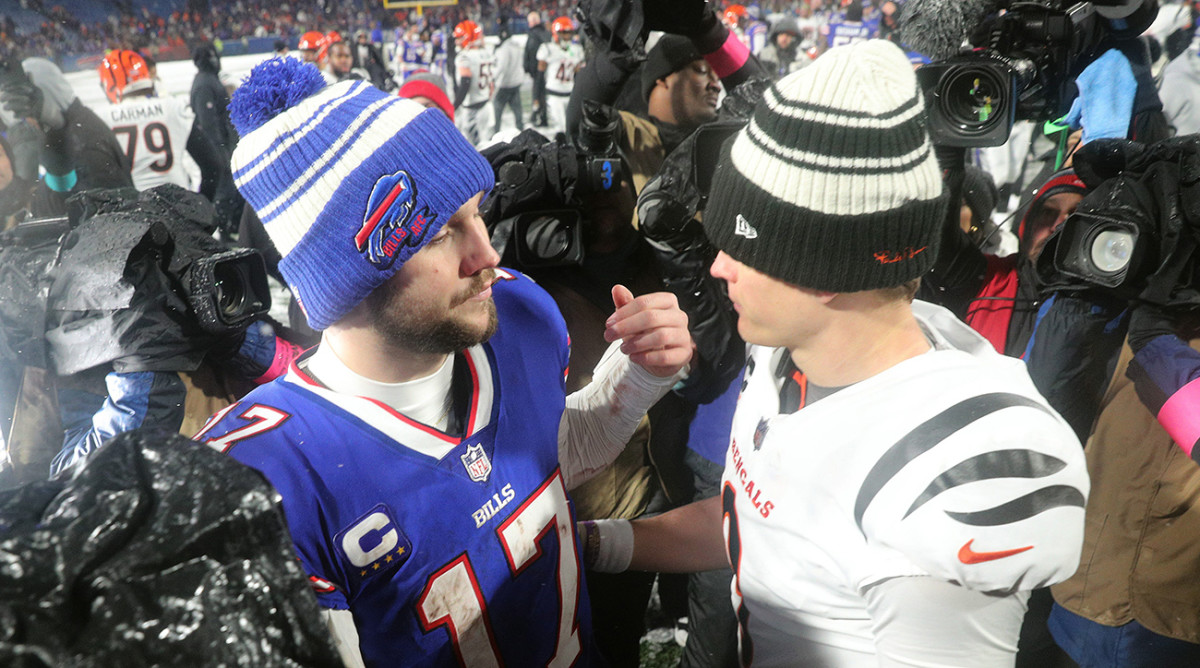 Bills quarterbacks Josh Allen and Bengals quarterback Joe Burrow after their 2022 Divisional Playoff game.
