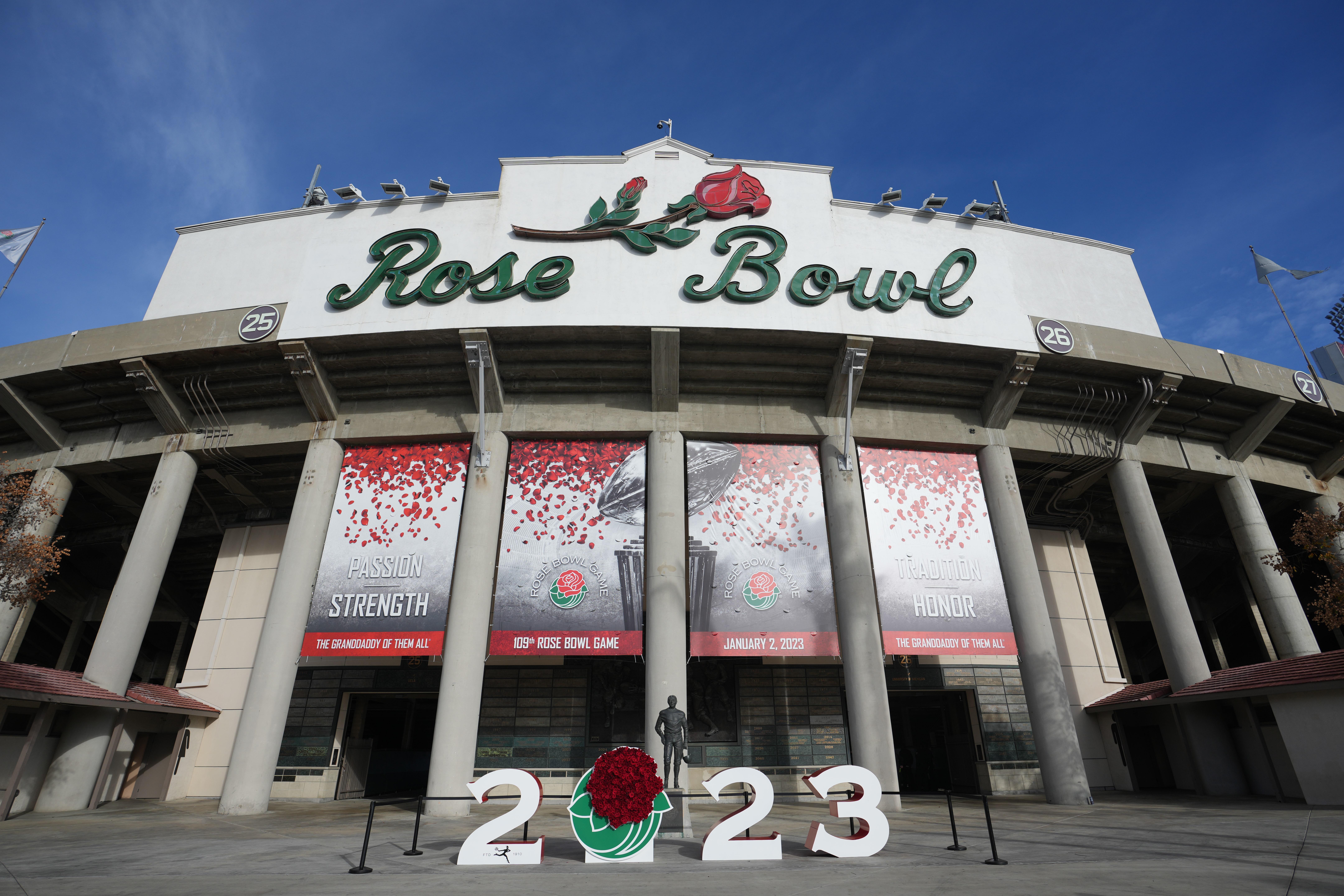 Jan 2, 2023; Pasadena, California, USA; A general overall view of the Rose Bowl Stadium facade before the game between the Penn State Nittany Lions and the Utah Utes at the 109th Rose Bowl game at the Rose Bowl. Mandatory Credit: Kirby Lee-USA TODAY Sports