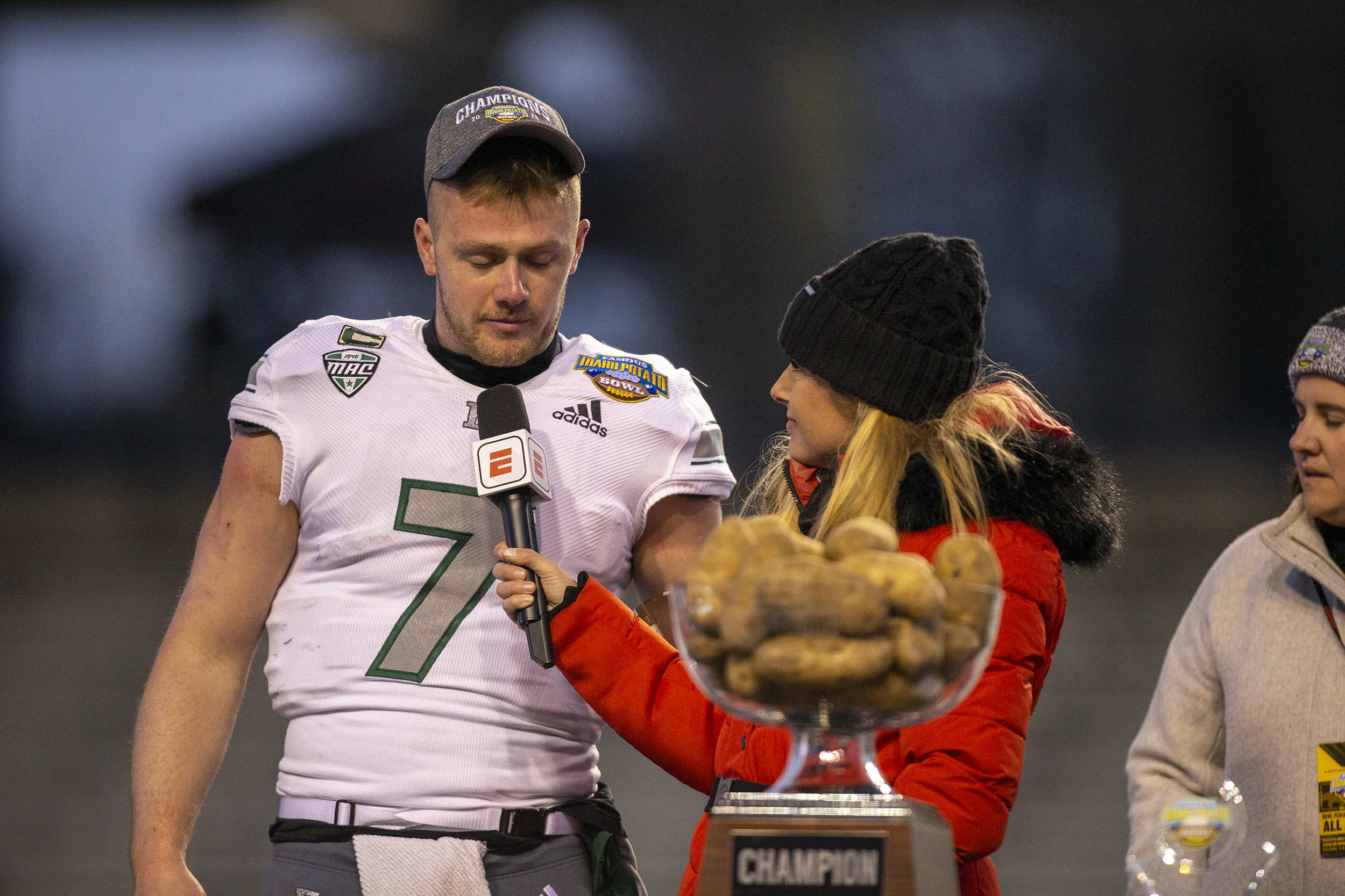 Dec 20, 2022; Boise, Idaho, USA; Eastern Michigan Eagles quarterback Taylor Powell (7) speaks with ESPN on air talent Dawn Davenport was chosen as the MVP of the Famous Idaho Potato Bowl against the San Jose State Spartans at Albertsons Stadium. Eastern Michigan beats San Jose State 41-27. Mandatory Credit: Brian Losness-USA TODAY Sports