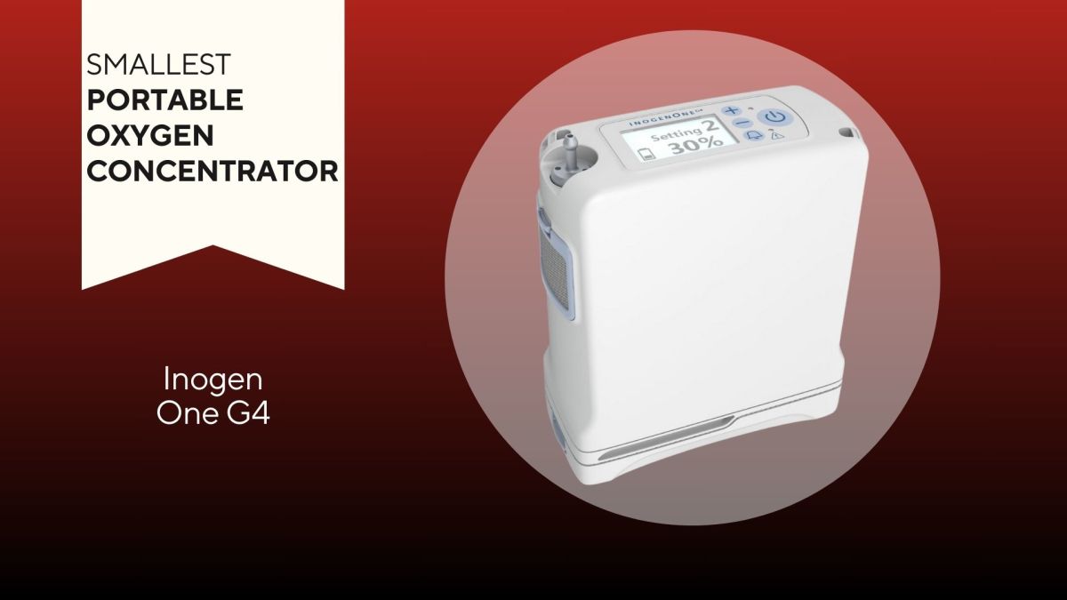 A red background with a white banner that says, "Smallest Portable Oxygen Concentrator" next to the Inogen One G4 portable oxygen concentrator