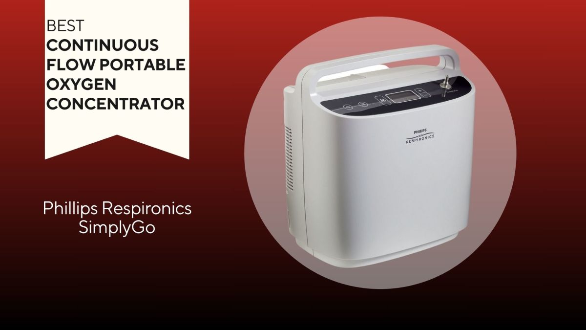A red background with a white banner that says, "Best Continuous Flow Portable Oxygen Concentrator" next to the Phillips Respironics SimplyGo portable oxygen concentrator
