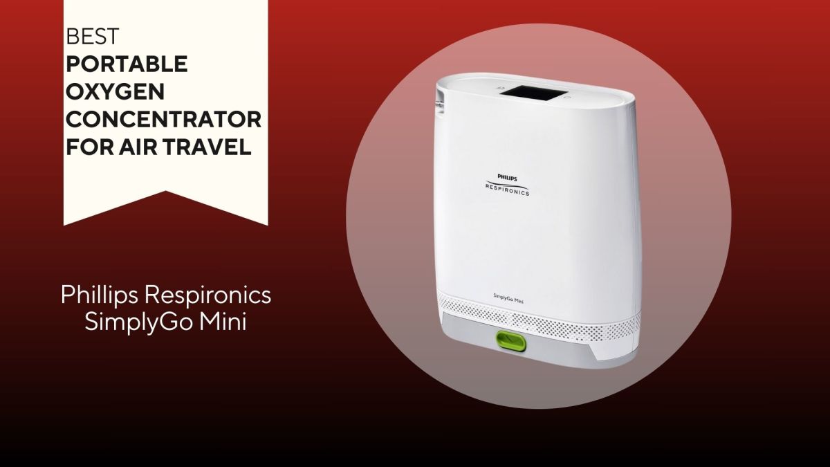 A red background with a white banner that says, "Best Portable Oxygen Concentrator for Air Travel" next to the Phillips Respironics SimplyGo Mini portable oxygen concentrator