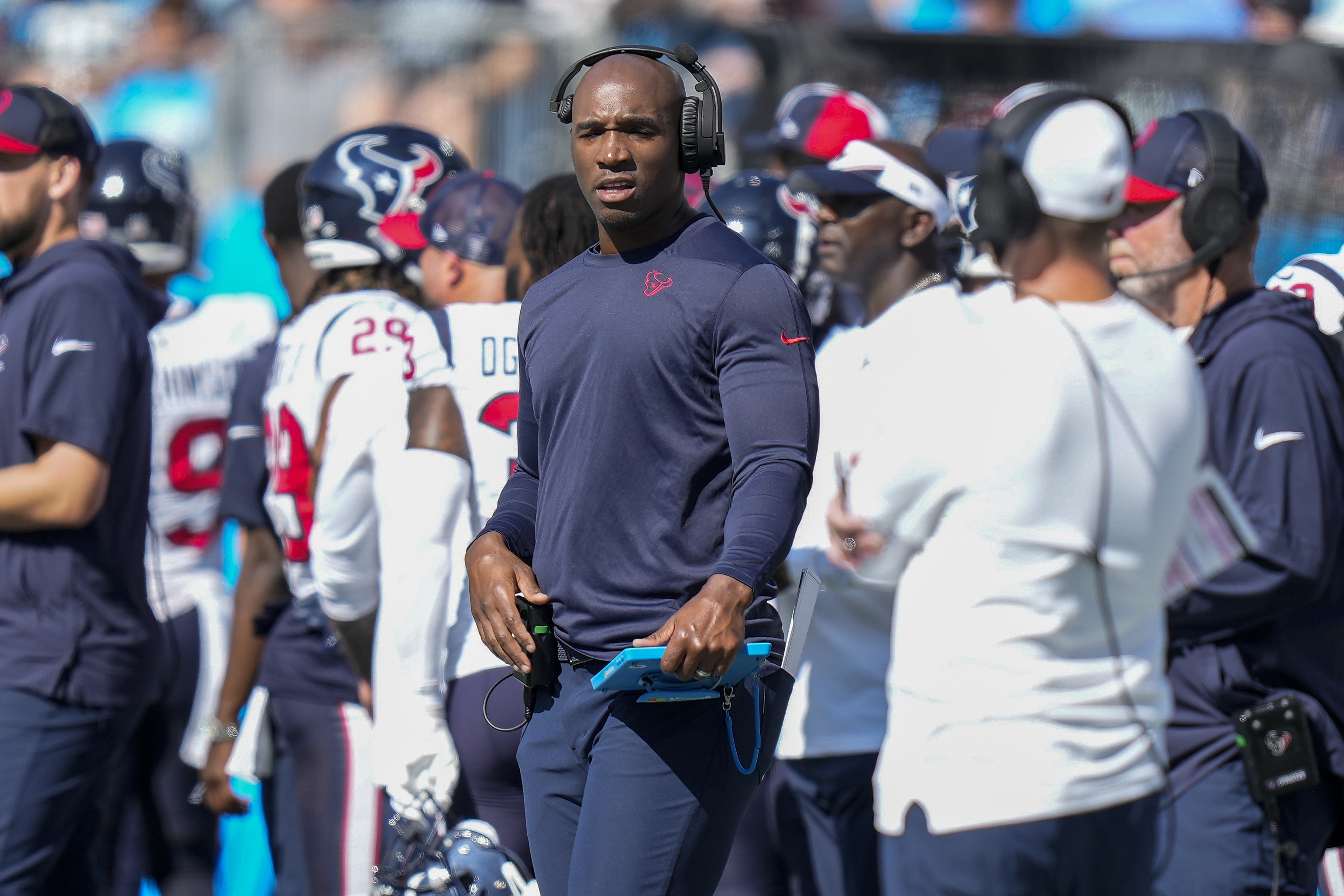 Texans Head Coach DeMeco Ryans during the first quarter against the Carolina Panthers at Bank of America Stadium.