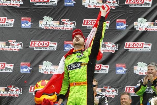 James Hinchcliffe celebrates his first of six IndyCar wins in his career (photo courtesy Canadian Motorsport Hall of Fame).