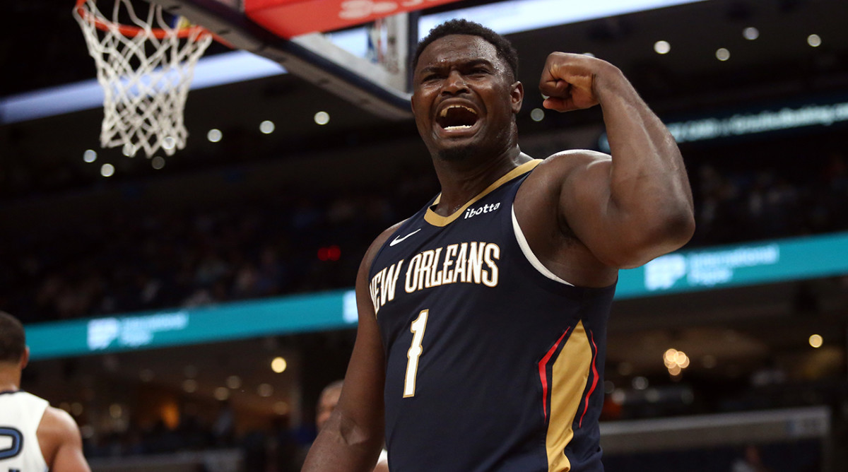 Pelicans forward Zion Williamson (1) flexes after a dunk during the second half against the Grizzlies at FedExForum.
