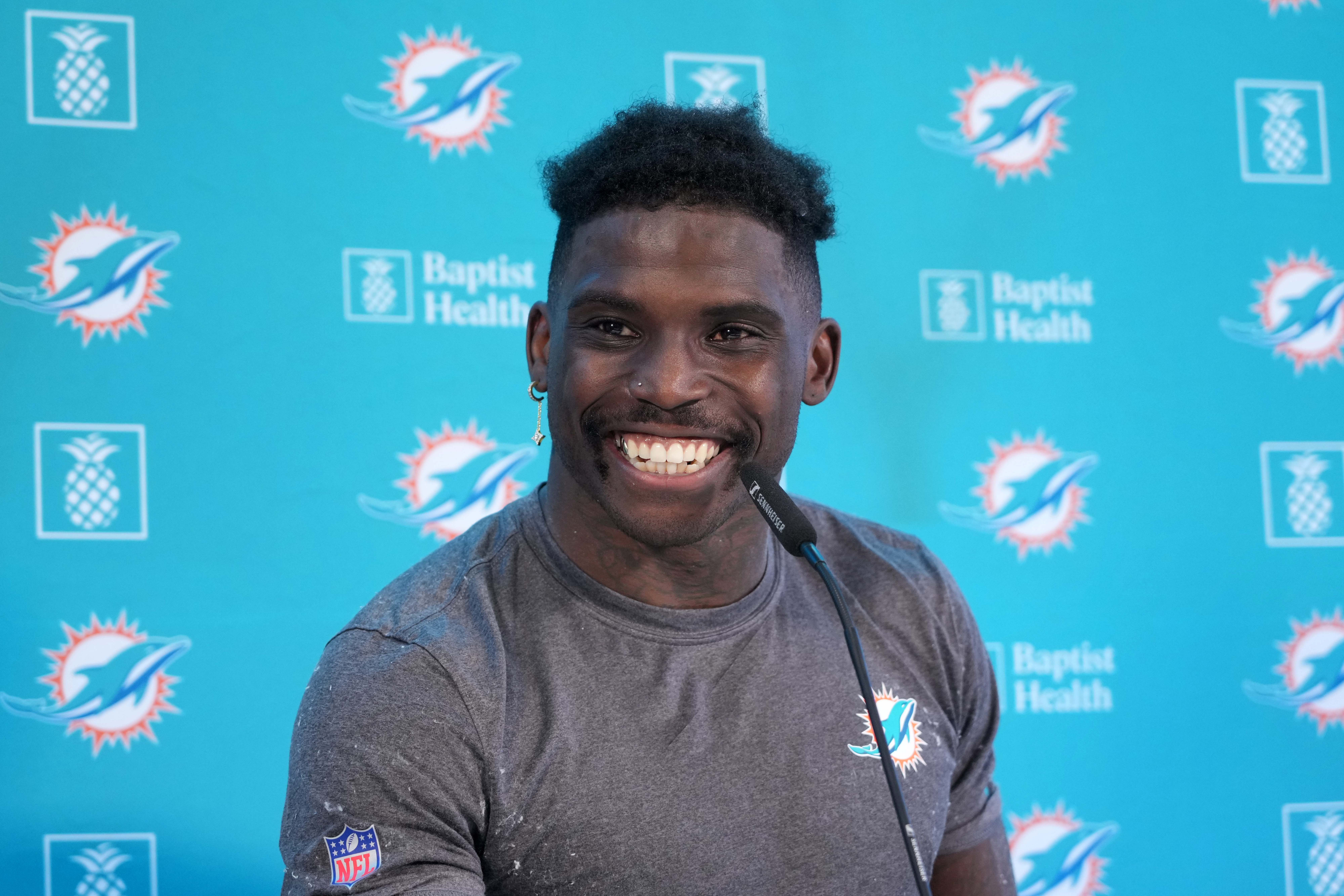 Nov 2, 2023; Frankfurt, Germany; Miami Dolphins wide receiver Tyreek Hill at press conference at the PSD Bank Arena. Mandatory Credit: Kirby Lee-USA TODAY Sports