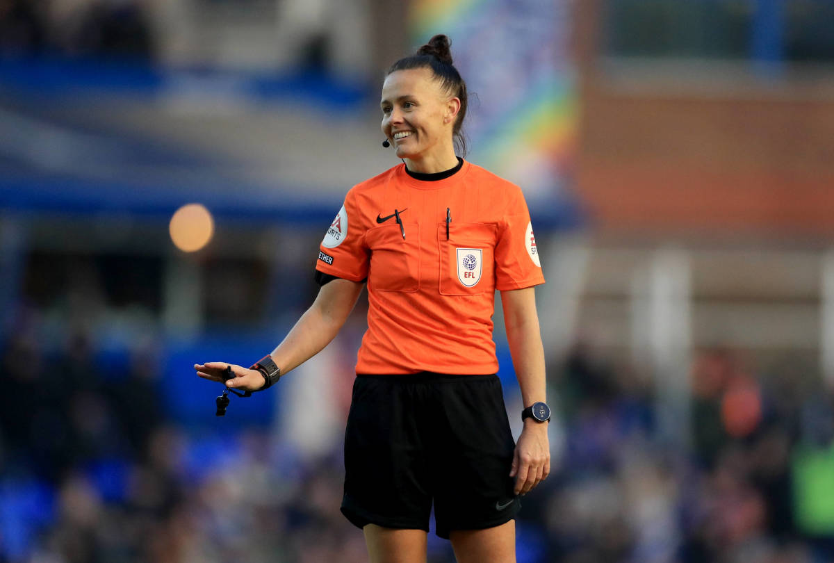 Rebecca Welch pictured refereeing the EFL Championship game between Birmingham City and Preston North End in January 2023