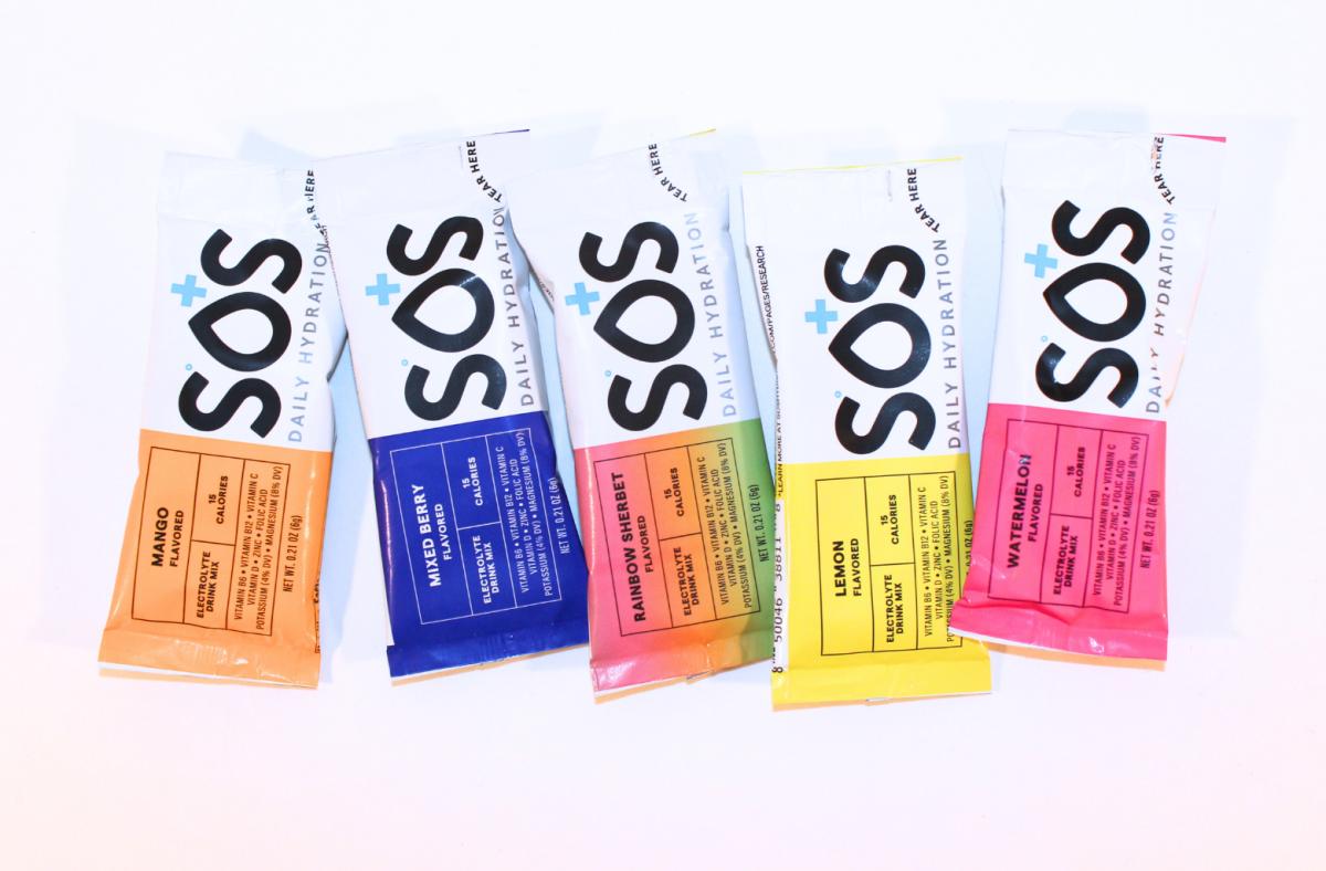 SOS electrolytes travel packets in various flavors against a white background