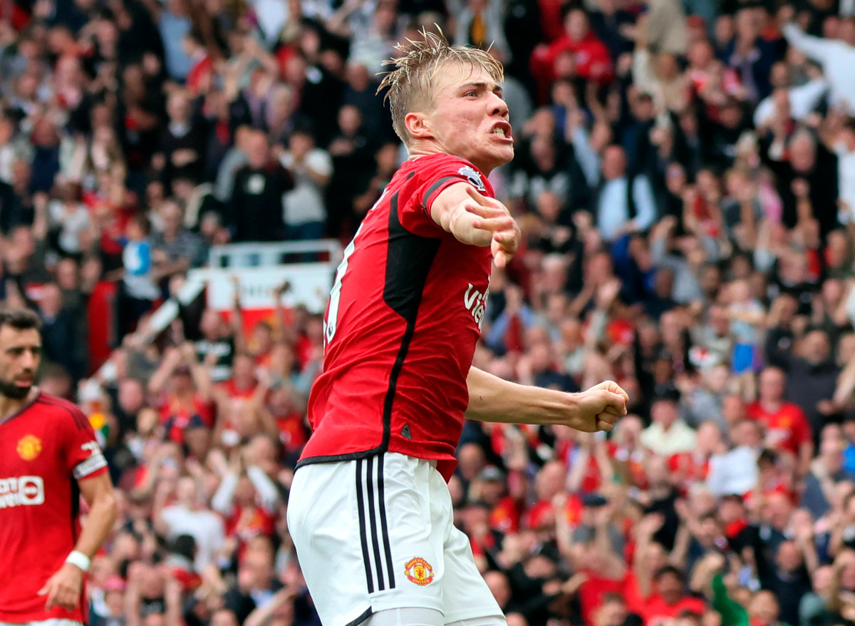 Rasmus Hojlund pictured celebrating a goal for Manchester United against Brighton in September before it was disallowed following a VAR review