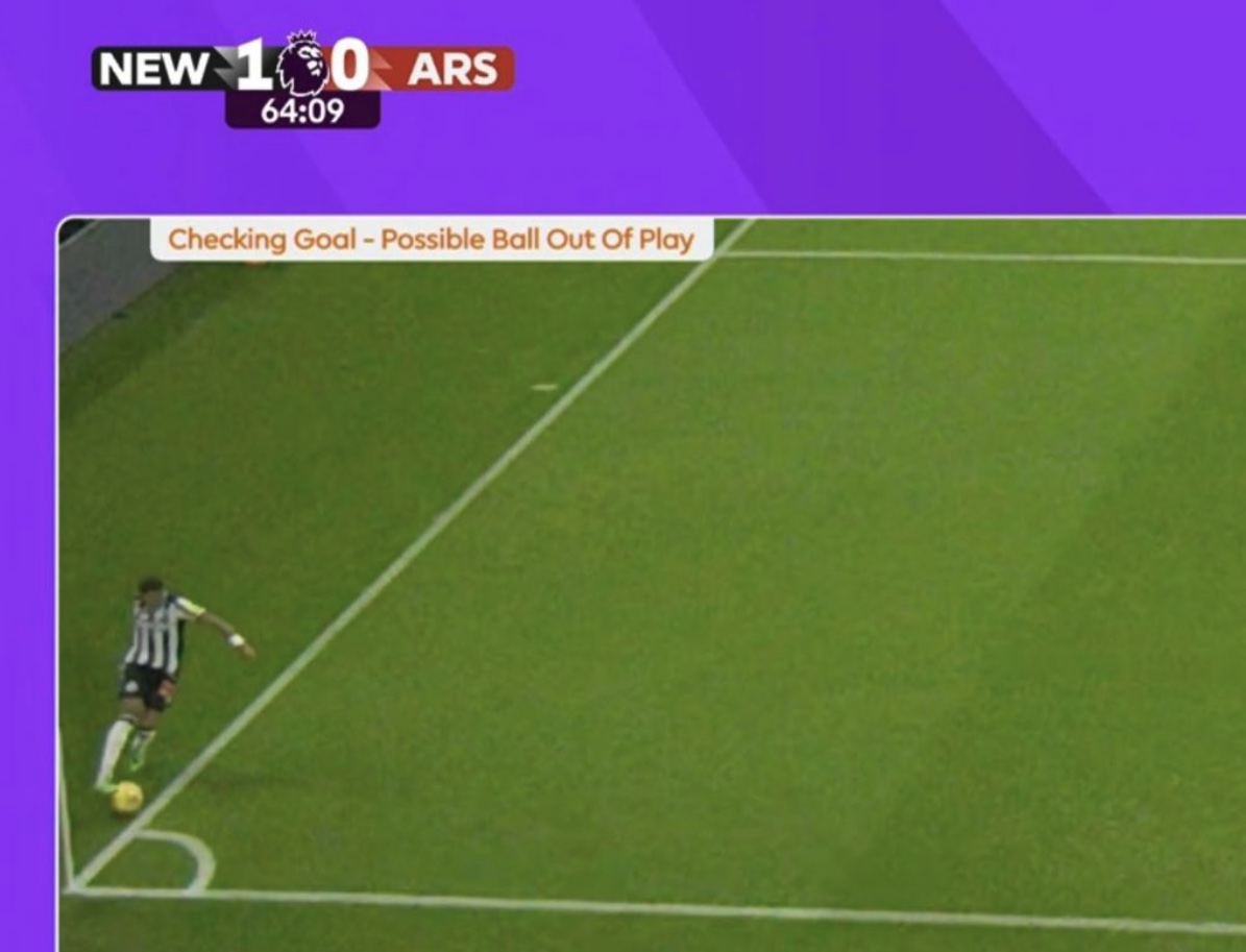This image was looked at by the VAR during Newcastle's 1-0 win over Arsenal in November 2023 to try to determine whether the ball had left the field of play shortly before a goal was scored by Anthony Gordon