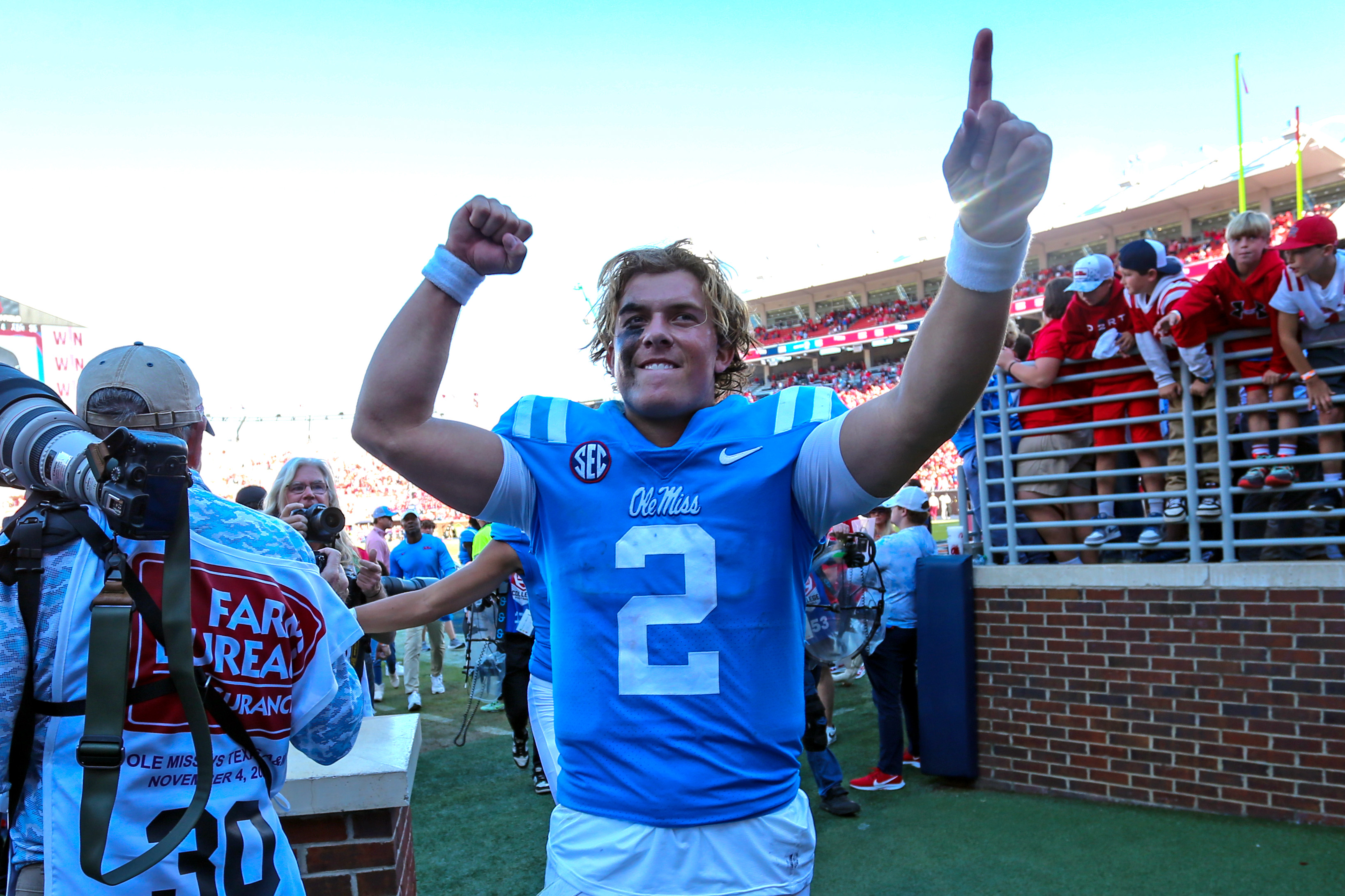 Nov 4, 2023; Oxford, Mississippi, USA; Mississippi Rebels quarterback Jaxson Dart (2) reacts as he walks off the field after defeating the Texas A&M Aggies at Vaught-Hemingway Stadium. Mandatory Credit: Petre Thomas-USA TODAY Sports