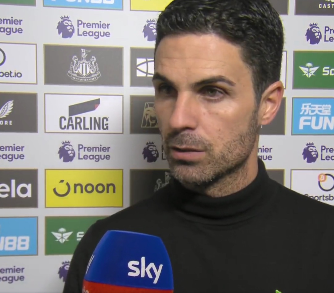 Arsenal manager Mikel Arteta pictured speaking to Sky Sports after his team's 1-0 defeat at Newcastle in November 2023