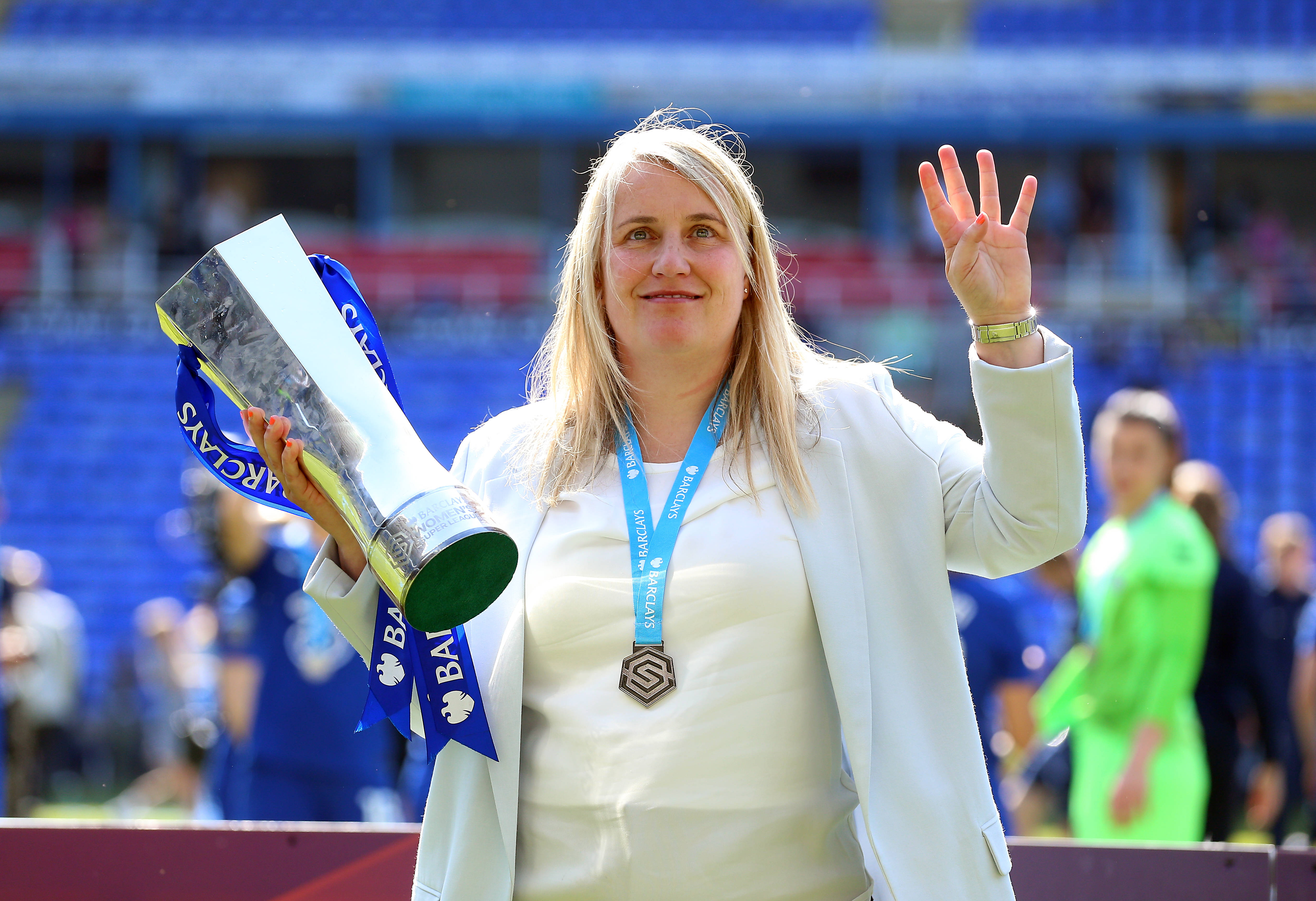 Emma Hayes pictured in May 2023 holding the Women's Super League trophy after leading Chelsea to the title
