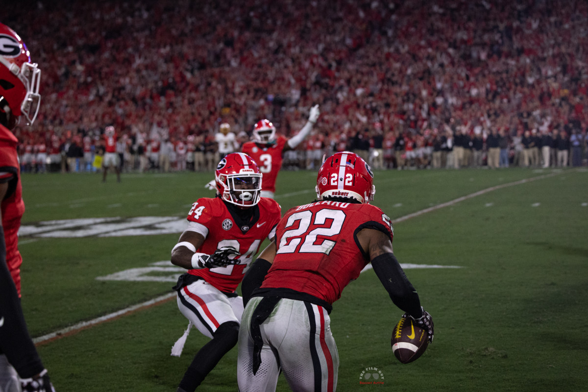 Georgia DBs celebrate a Javon Bullard interception vs Missouri / PHOTO - Brooks Austin 