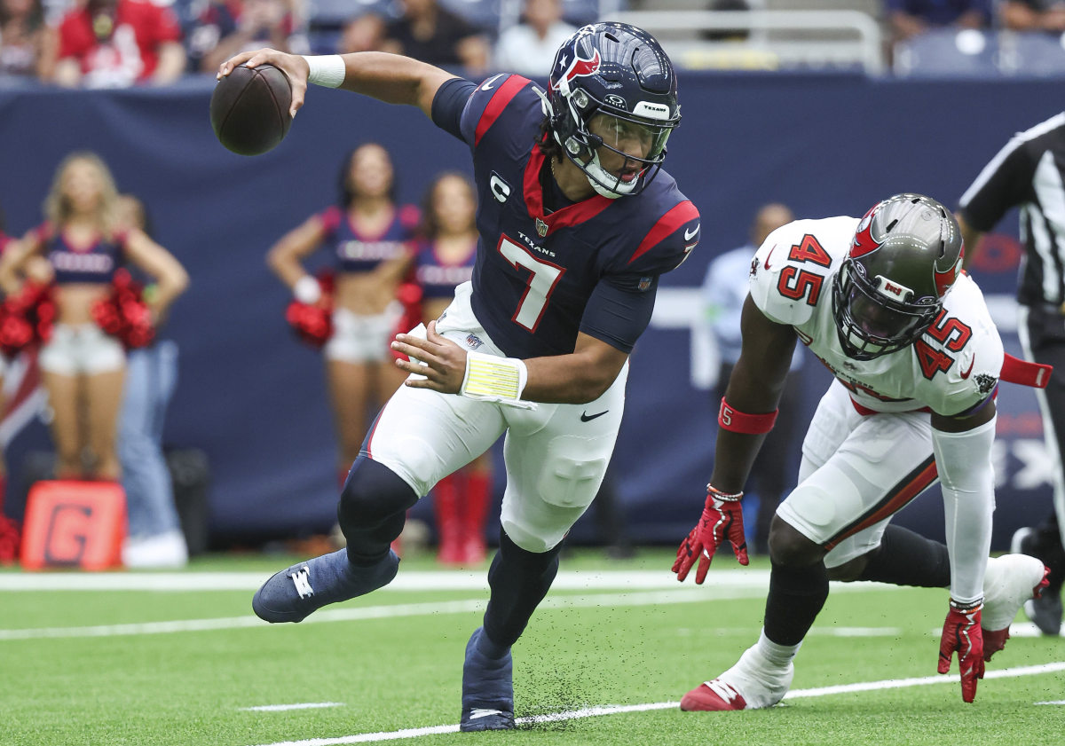 Nov. 5, 2023: Houston Texans rookie quarterback C.J. Stroud (7) tries to re-gain balance during a play against the Tampa Bay Buccaneers at NRG Stadium.