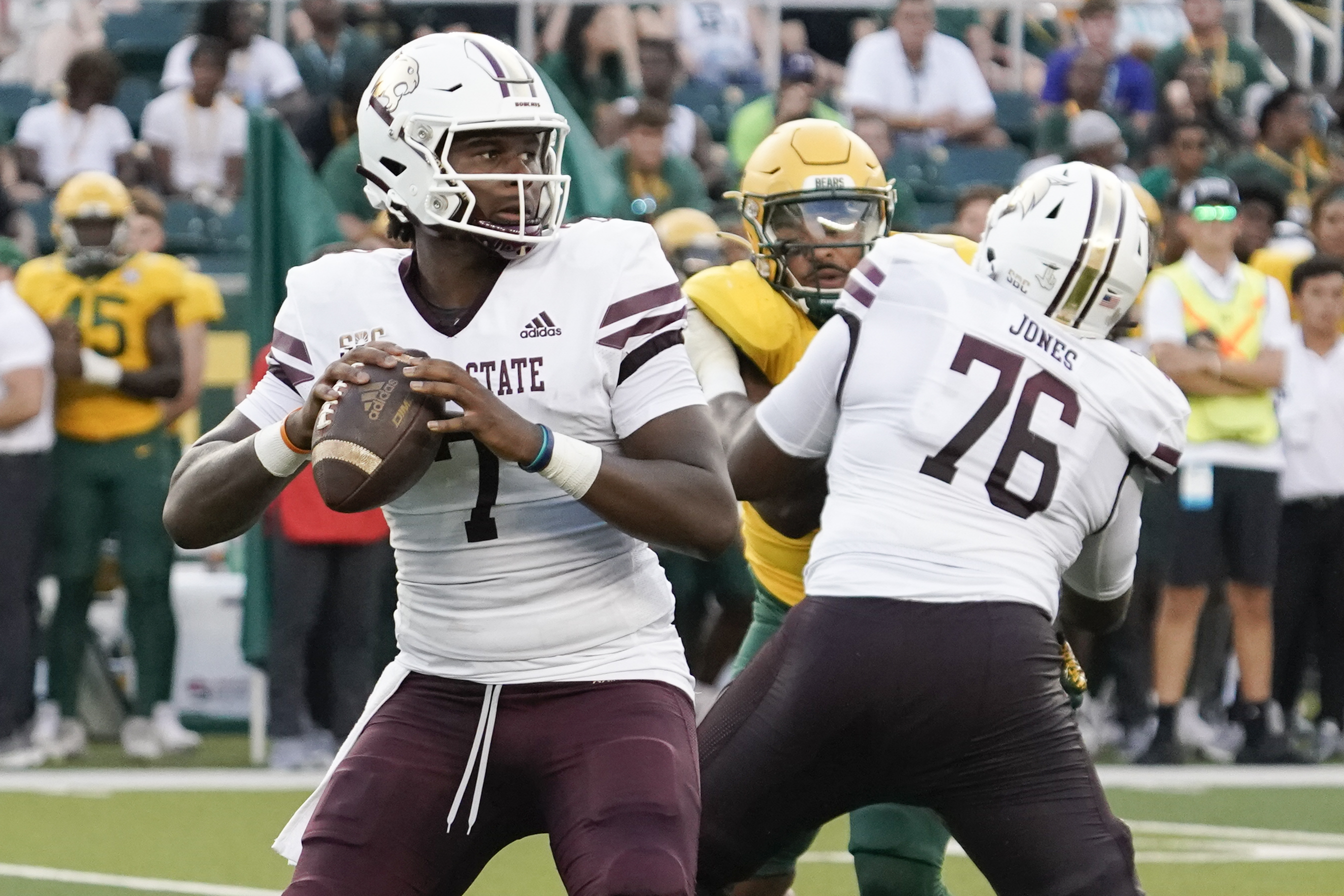 Sep 2, 2023; Waco, Texas, USA; Texas State Bobcats quarterback TJ Finley (7) stands on the pocket against the Baylor Bears during the first half at McLane Stadium. Mandatory Credit: Raymond Carlin III-USA TODAY Sports
