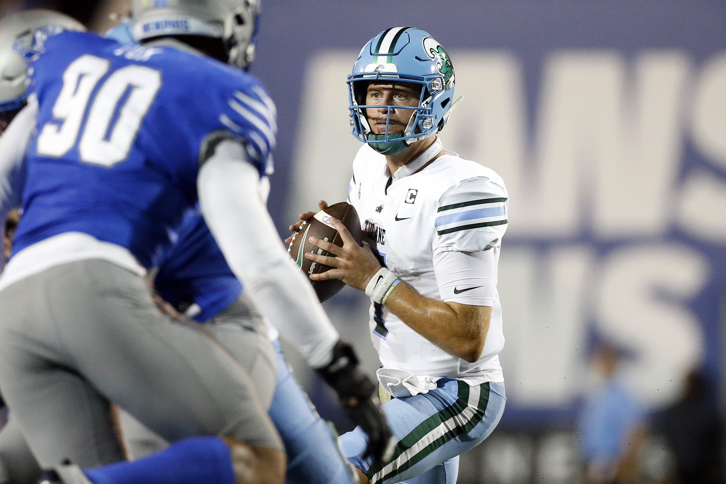 Oct 13, 2023; Memphis, Tennessee, USA; Tulane Green Wave quarterback Michael Pratt (7) passes the ball during the first half against the Memphis Tigers at Simmons Bank Liberty Stadium. Mandatory Credit: Petre Thomas-USA TODAY Sports