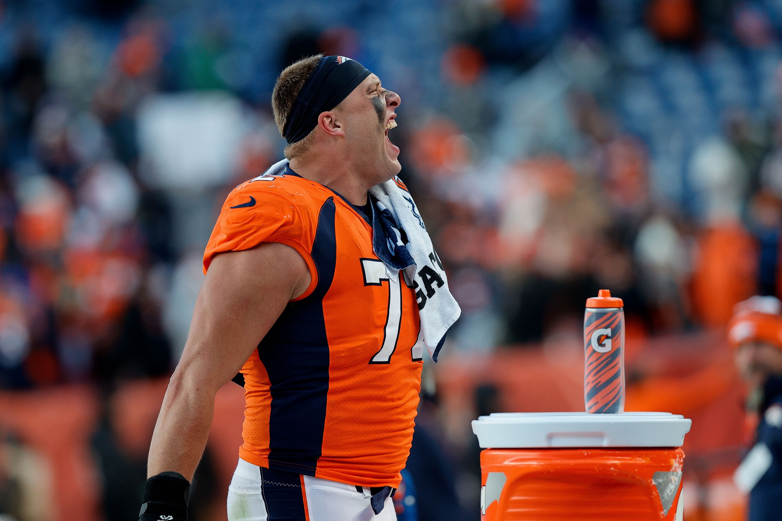 Denver Broncos offensive tackle Garett Bolles (72) reacts after the game against the Kansas City Chiefs at Empower Field at Mile High.