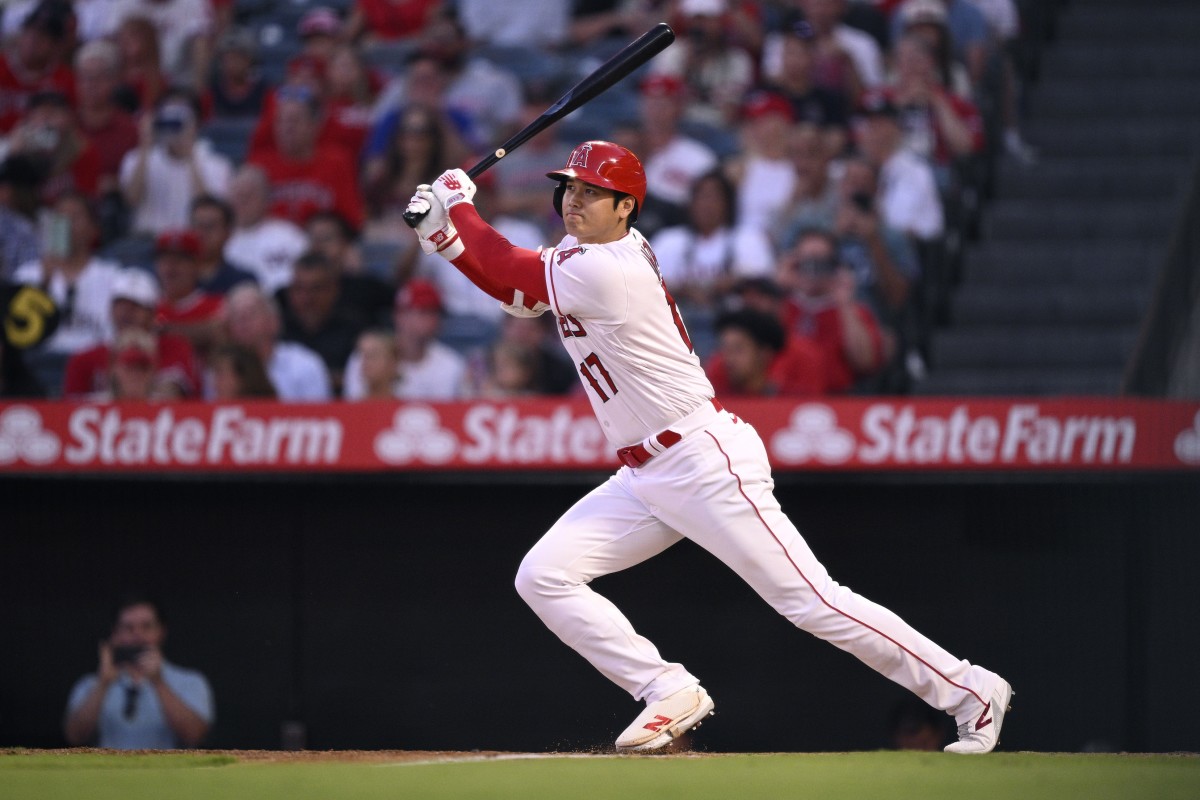 Angels superstar Shohei Ohtani (17) lines a ball during yet another MVP-caliber season (2023).