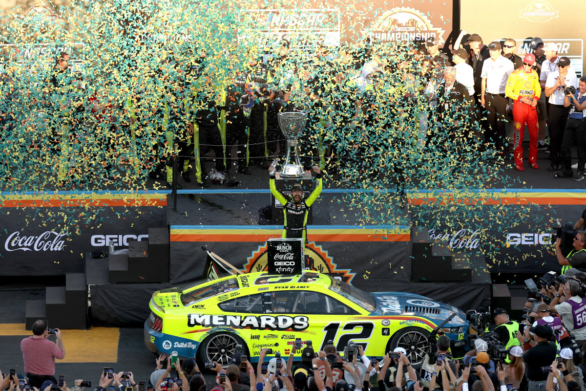 Ryan Blaney celebrates his first NASCAR Cup championship at Phoenix Raceway. Can he make it two in a row in 2024? (Photo by Christian Petersen/Getty Images)