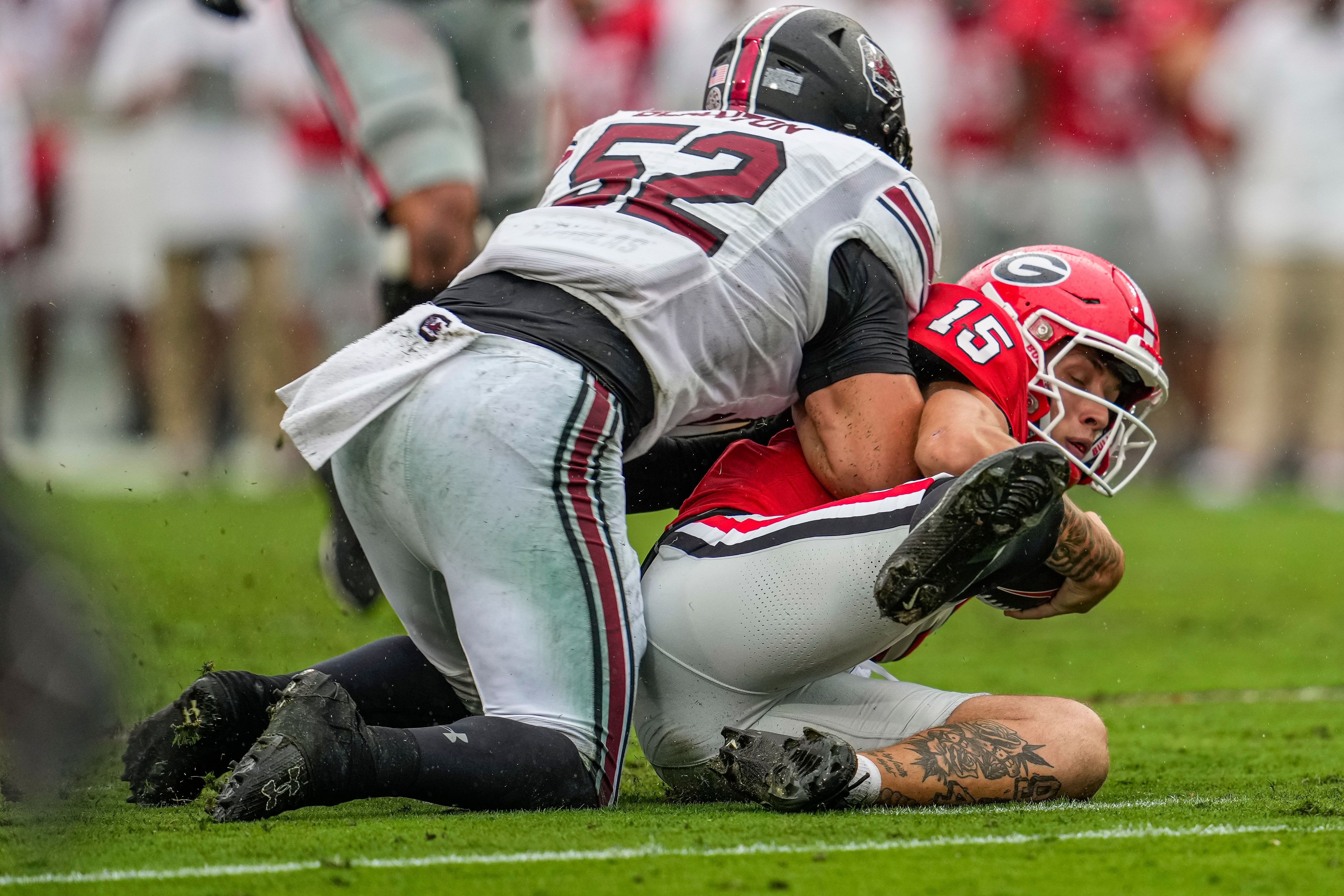 Stone Blanton hitting Georgia QB Carson Beck (16th Sept., 2023)