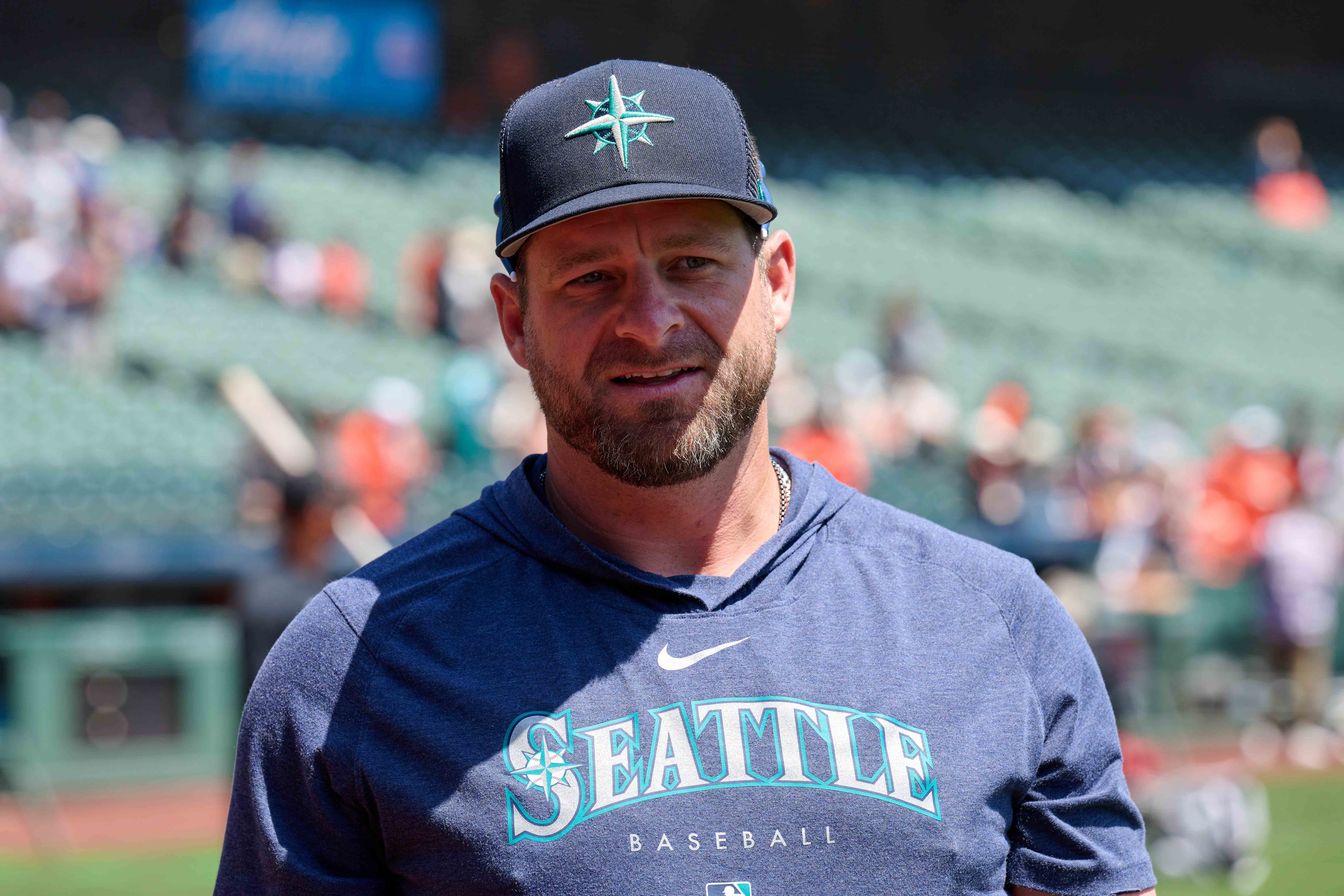 Jul 4, 2023; San Francisco, California, USA; Seattle Mariners bullpen coach and quality control coach Stephen Vogt (13) walks on the field before the game against the San Francisco Giants at Oracle Park.