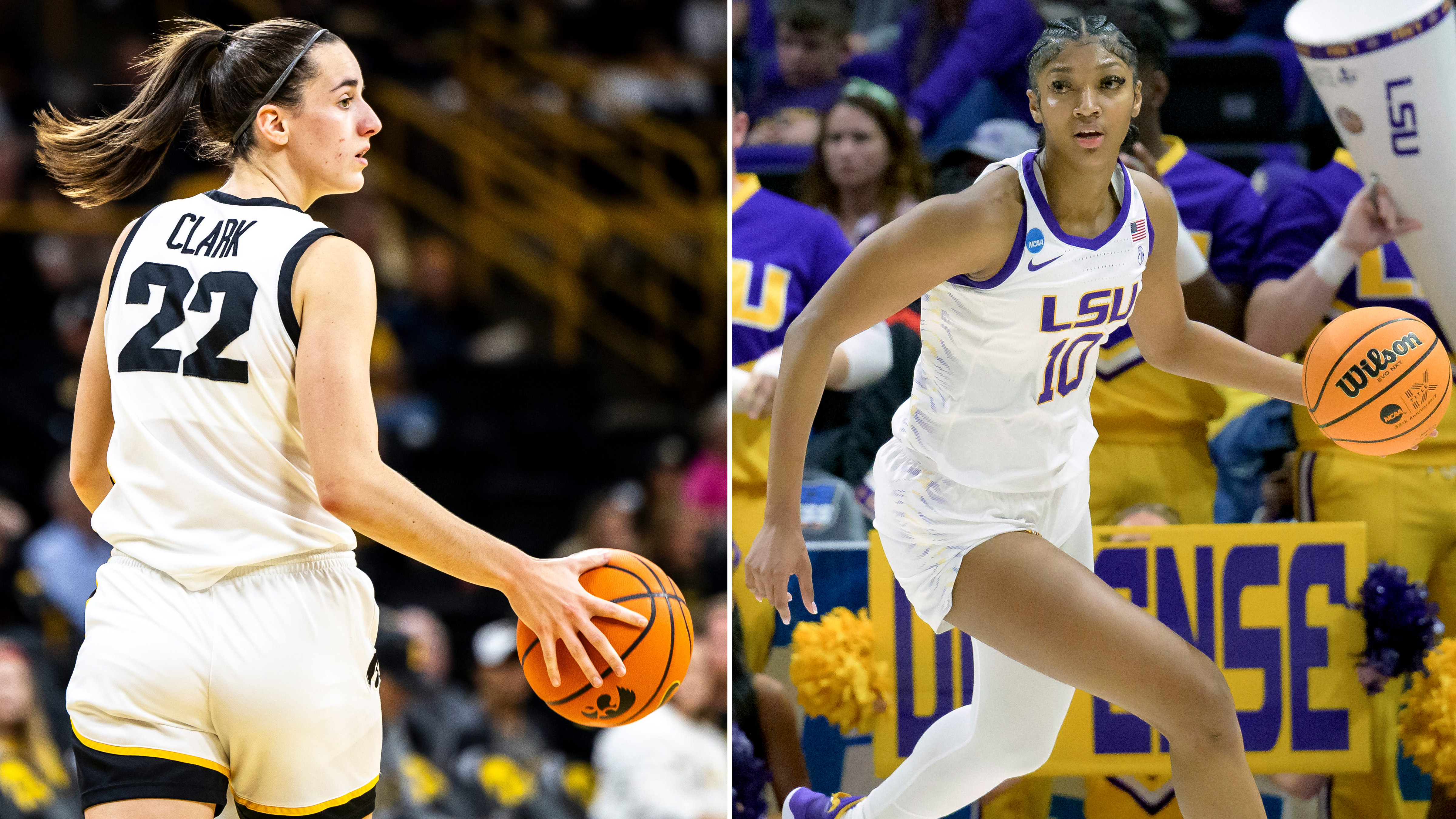 A split image of Iowa Hawkeyes player Caitlin Clark and LSU Tigers player Angel Reese in action.