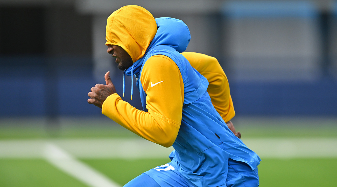 Chargers cornerback J.C. Jackson (27) warms up before the game against the Raiders at SoFi Stadium.