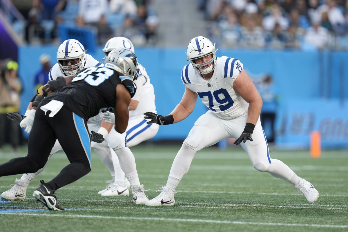 Nov 5, 2023; Charlotte, North Carolina, USA; Indianapolis Colts offensive tackle Bernhard Raimann (79) during the first quarter against the Carolina Panthers at Bank of America Stadium. Mandatory Credit: Jim Dedmon-USA TODAY Sports