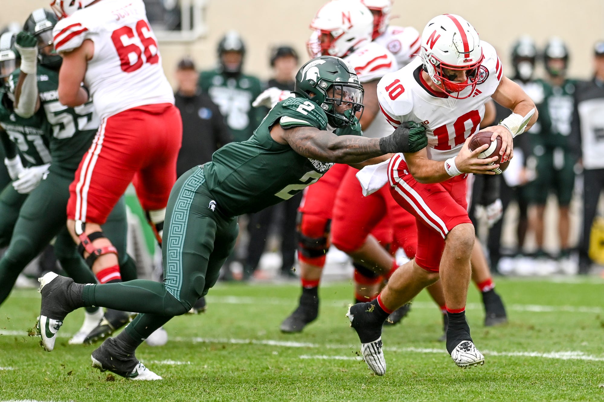 Heinrich Haarberg sacked 2023 Nebraska vs Michigan State football USATSI_21816024