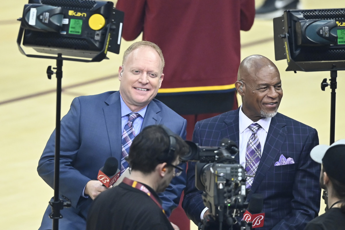 Mar 21, 2022; Cleveland, Ohio, USA; Cleveland Cavaliers television broadcasters John Michael (left) and Austin Carr work prior to a game between the Cleveland Cavaliers and the Los Angeles Lakers at Rocket Mortgage FieldHouse.