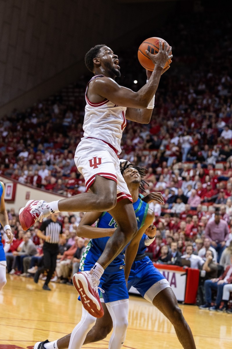 Indiana Hoosiers guard Xavier Johnson (0) shoots against Florida Gulf Coast Eagles guard Dallion Johnson. 