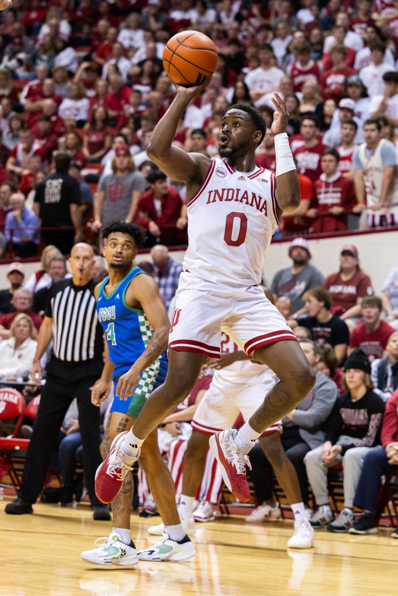 Indiana Hoosiers guard Xavier Johnson (0) shoots against the Florida Gulf Coast Eagles at Simon Skjodt Assembly Hall. 