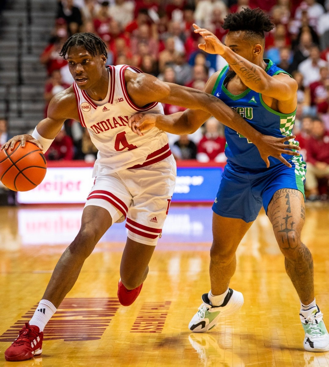 Indiana's Anthony Walker (4) drives during the first half of the Indiana versus Florida Gulf Coast men's basketball game at Simon Skjodt Assembly Hall.