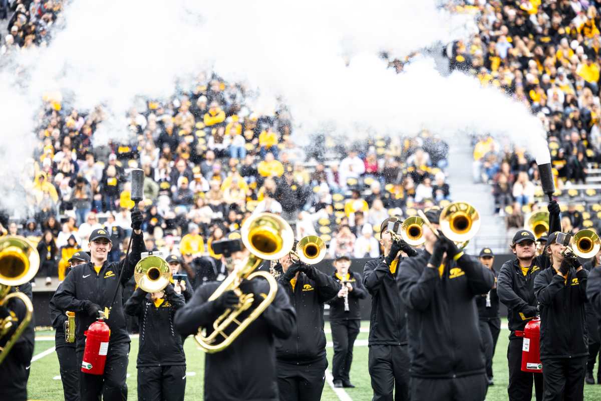 Members of the Hawkeye Marching Band perform at halftime during the Crossover at Kinnick women's basketball scrimmage between Iowa and DePaul, Sunday, Oct. 15, 2023, at Kinnick Stadium in Iowa City, Iowa