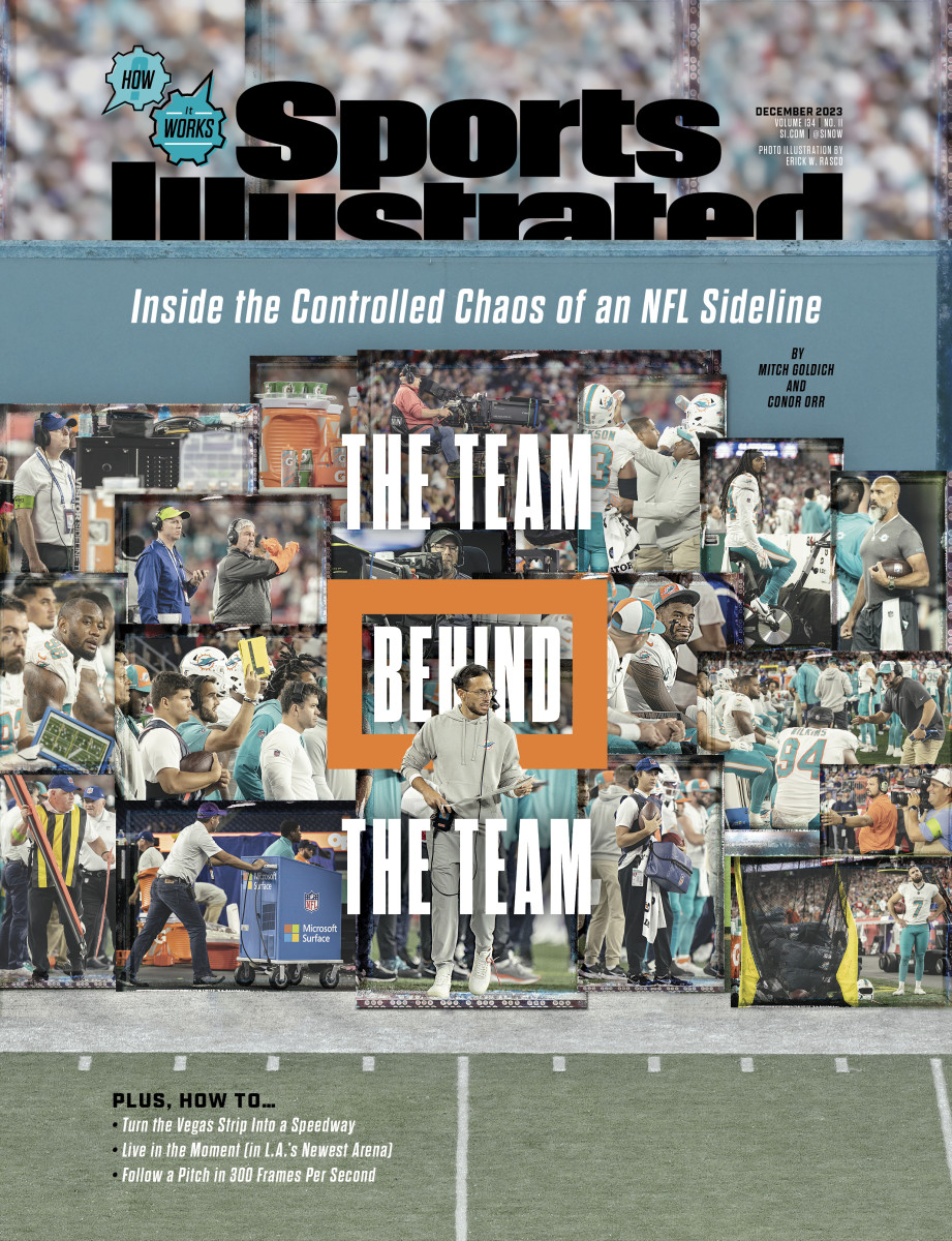 A Sports Illustrated cover featuring a collage of photos showing members of the Dolphins staff on the sidelines.