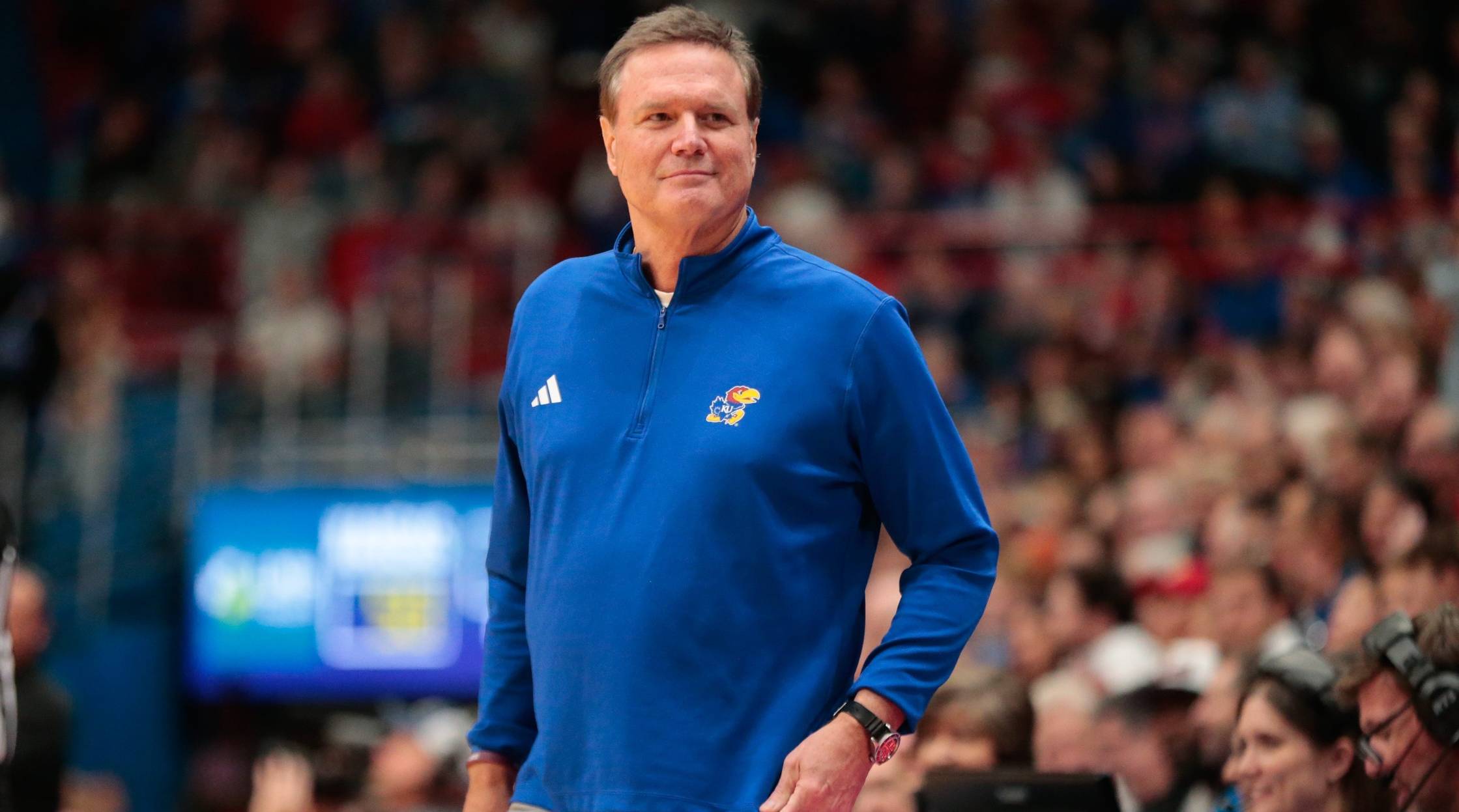 Kansas head coach Bill Self looks on while coaching in a game.