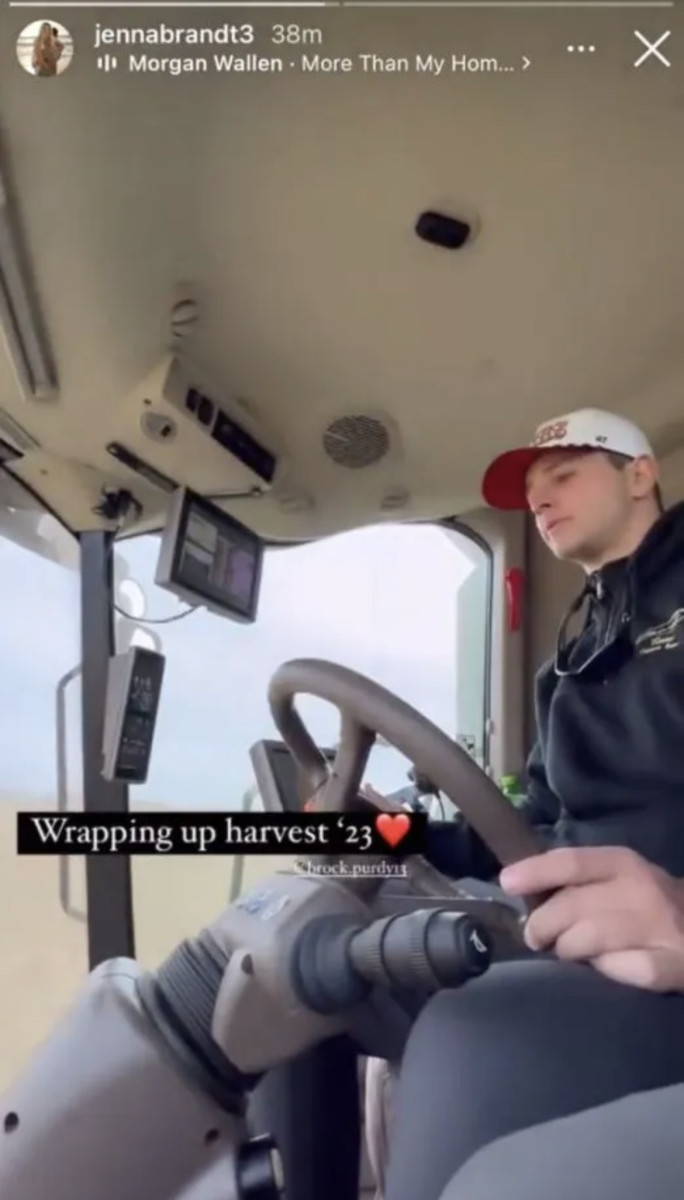A screenshot Jenna Brandt's Instagram video of Brock Purdy riding in the combine at his future in-laws' farm.