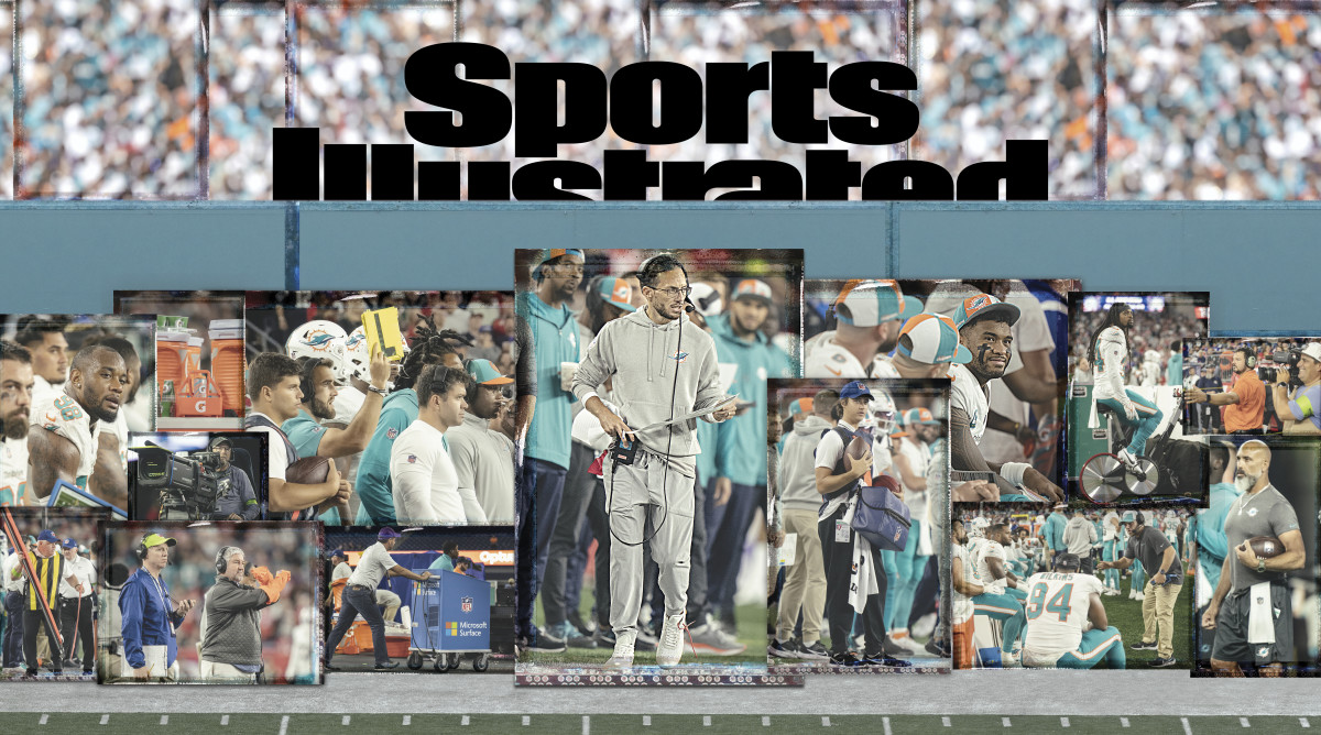 A collage of Dolphins’ sideline employees with Sports Illustrated logo overlayed on top