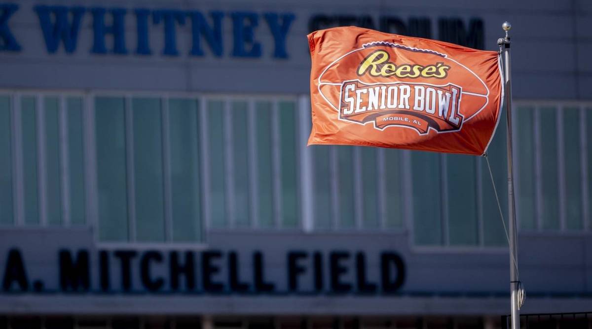The Reese's Senior Bowl flag flies at the pre-draft All-Star Game.