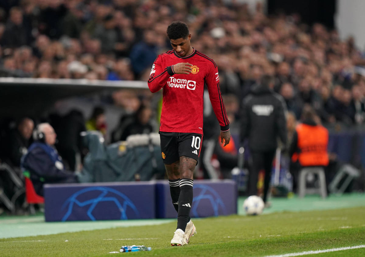 Marcus Rashford pictured walking off the pitch after receiving a red card during Manchester United's UEFA Champions League Group A game away at Copenhagen in November 2023