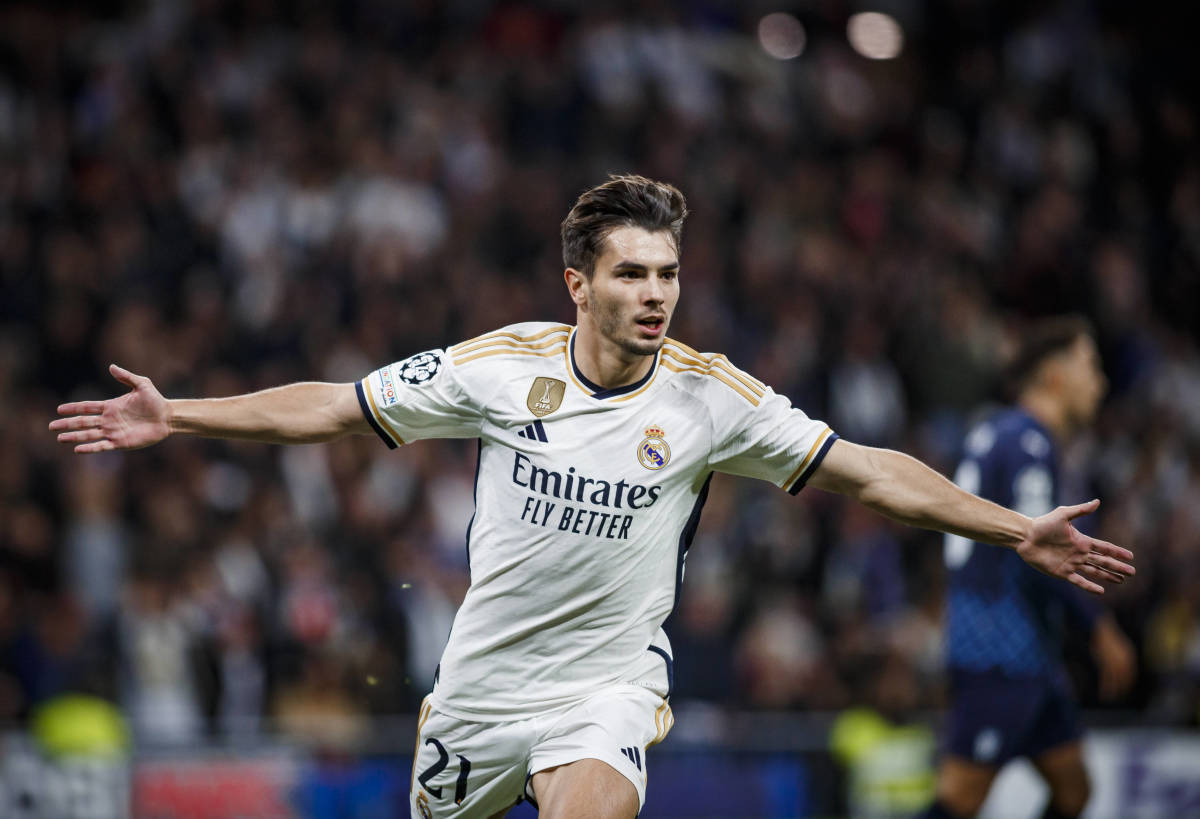 Brahim Diaz pictured celebrating after scoring a goal in Real Madrid's 3-0 win over Braga in the UEFA Champions League in November 2023