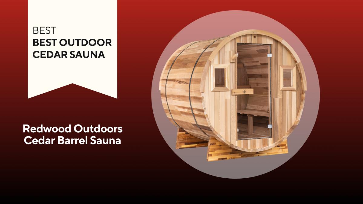 A wooden, cylindrical Redwood Outdoors Cedar Barrel Sauna