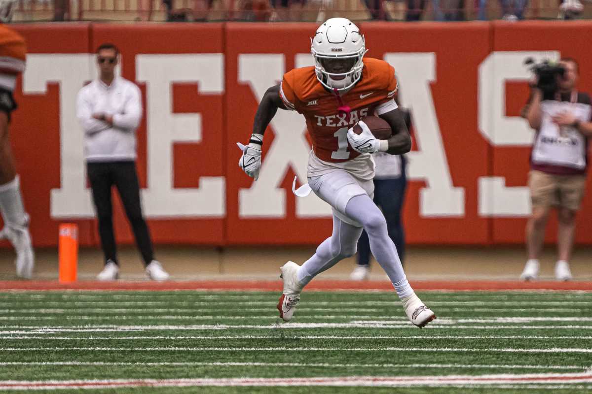 Texas Longhorns wide receiver Xavier Worthy (1) runs the ball against Kansas State at Royal-Memorial Stadium on Saturday, Nov. 4, 2023 in Austin.