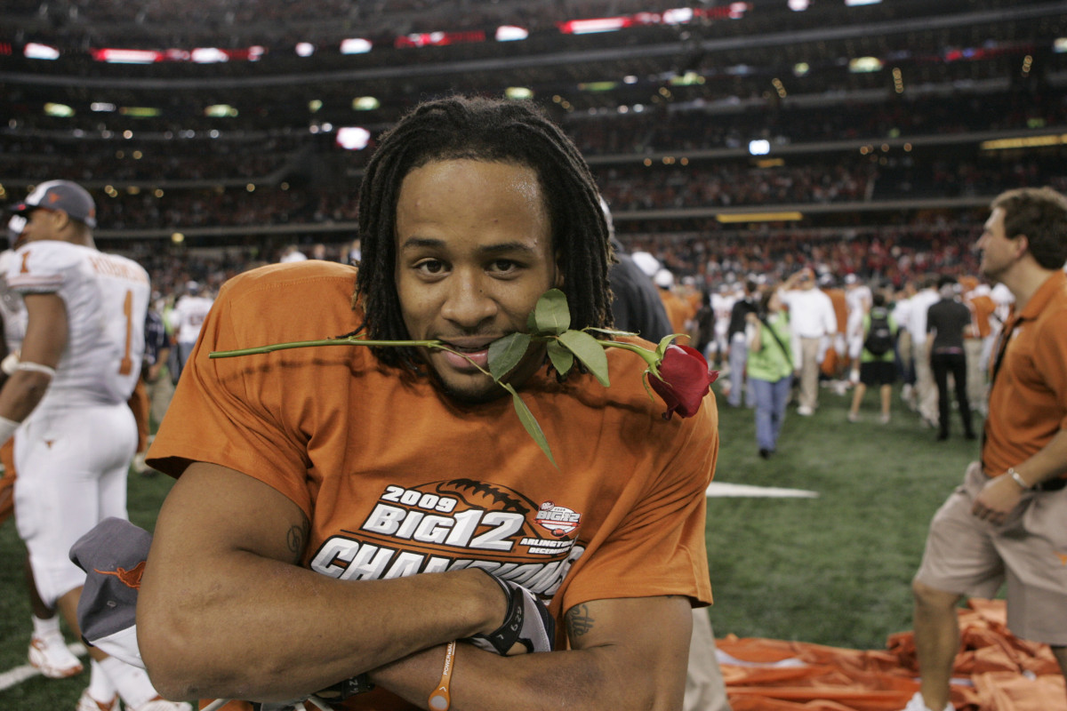 Texas Longhorns safety Earl Thomas (12) celebrates after a victory against the Nebraska Cornhuskers in the 2009 Big 12 championship game at Cowboys Stadium. Texas defeated Nebraska 13-12