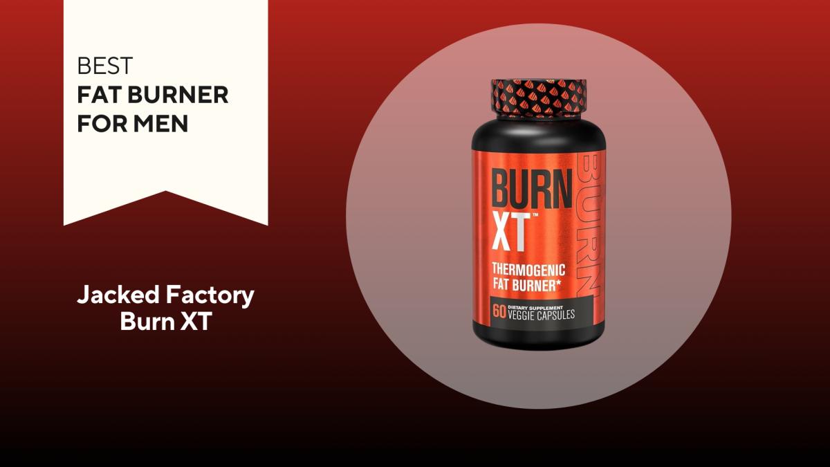 A black and red background with a white banner that reads Best Fat Burner for Men beside an orange and black bottle of Jacked Factory Burn XT thermogenic fat burner