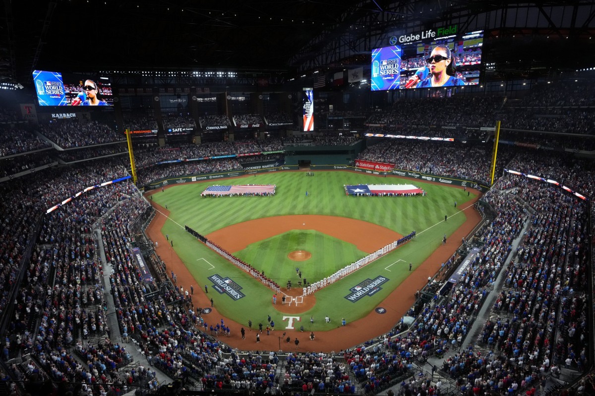 A view of Globe Life Field during the national anthem before Game 1 of the World Series.