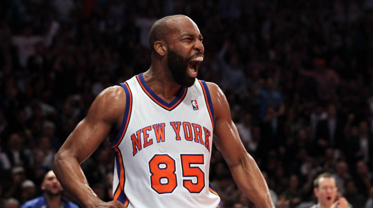 Former New York Knicks guard Baron Davis celebrates a play during the 2012 playoffs against the Miami Heat.
